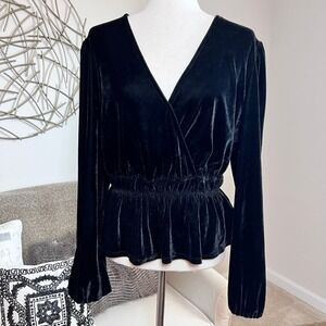 Womens Top 1X Black Velvet Vneck Wrap Whimsigoth Vamp Dark Romantic Peplum Tunic